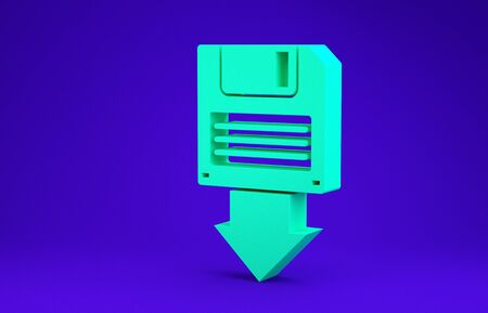 Green Floppy disk backup icon isolated on blue background. Diskette sign. Minimalism concept. 3d illustration 3D renderの写真素材
