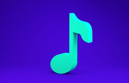 Green Music note, tone icon isolated on blue background. Minimalism concept. 3d illustration 3D renderの写真素材