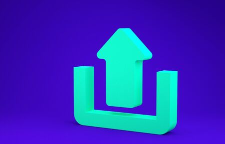Green Upload icon isolated on blue background. Up arrow. Minimalism concept. 3d illustration 3D renderの写真素材