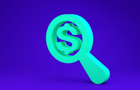 Green Magnifying glass and dollar icon isolated on blue background. Find money. Looking for money. Minimalism concept. 3d illustration 3D renderの写真素材