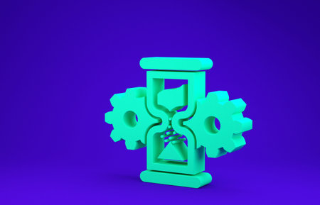 Green Hourglass and gear icon isolated on blue background. Time Management symbol. Clock and gear...