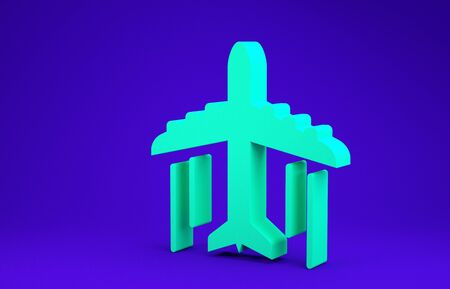 Green Plane icon isolated on blue background. Flying airplane icon. Airliner sign. Minimalism concept. 3d illustration 3D renderの写真素材