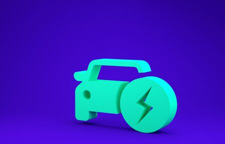Green Electric car and electrical cable plug charging icon isolated on blue background. Renewable eco technologies. Minimalism concept. 3d illustration 3D renderの写真素材