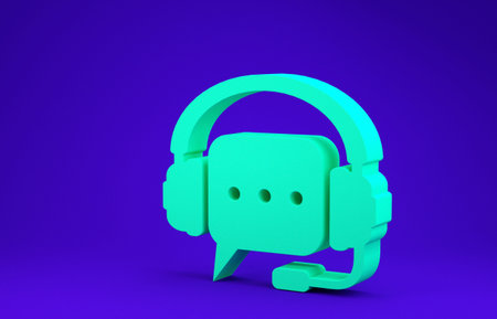 Green Headphones with speech bubble icon isolated on blue background. Support customer services,...