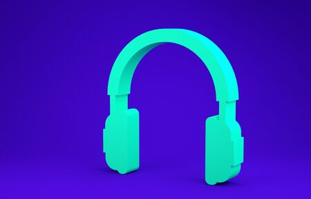 Green Headphones icon isolated on blue background. Earphones sign. Concept object for listening to music, service, communication and operator. Minimalism concept. 3d illustration 3D renderの写真素材