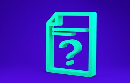 Green Unknown document icon isolated on blue background. File with Question mark. Hold report, service and global search sign. Minimalism concept. 3d illustration 3D renderの写真素材