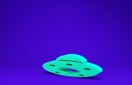 Green UFO flying spaceship icon isolated on blue background. Flying saucer. Alien space ship. Futuristic unknown flying object. Minimalism concept. 3d illustration 3D renderの写真素材