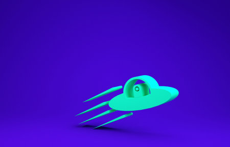 Green UFO flying spaceship and alien icon isolated on blue background. Flying saucer. Alien space...
