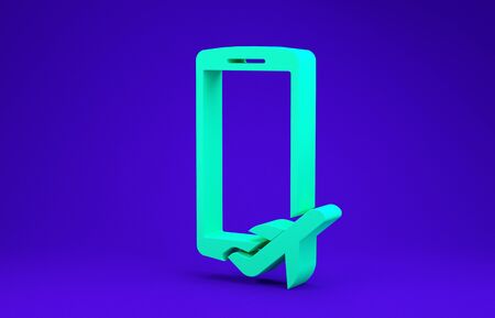 Green Flight mode in the mobile phone icon isolated on blue background. Airplane or aeroplane flight offline mode passenger regulation airline . Minimalism concept. 3d illustration 3D renderの写真素材