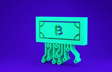 Green Cryptocurrency bitcoin in circle with microchip circuit icon isolated on blue background. Blockchain technology, digital money market. Minimalism concept. 3d illustration 3D renderの写真素材