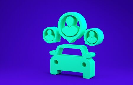 Green Car sharing with group of people icon isolated on blue background. Carsharing sign. Transport renting service concept. Minimalism concept. 3d illustration 3D renderの写真素材