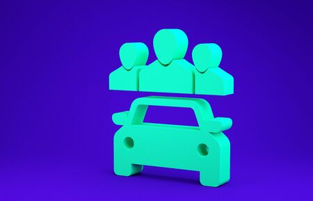Green Car sharing with group of people icon isolated on blue background. Carsharing sign. Transport renting service concept. Minimalism concept. 3d illustration 3D renderの写真素材