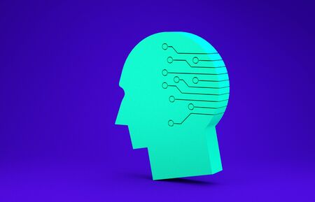 Green Human brain as digital circuit board icon isolated on blue background. Artificial Intelligence. Human head outline with circuit lines inside. Minimalism concept. 3d illustration 3D renderの写真素材