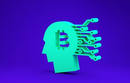 Green Bitcoin think icon isolated on blue background. Cryptocurrency head. Blockchain technology, bitcoin, digital money market, cryptocoin wallet. Minimalism concept. 3d illustration 3D renderの写真素材