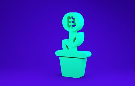 Green Bitcoin plant in the pot icon isolated on blue background. Business investment growth concept. Blockchain technology, cryptocurrency mining. Minimalism concept. 3d illustration 3D renderの写真素材