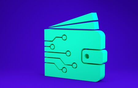 Green Cryptocurrency wallet icon isolated on blue background. Wallet and bitcoin sign. Mining concept. Money, payment, cash, pay icon. Minimalism concept. 3d illustration 3D renderの写真素材