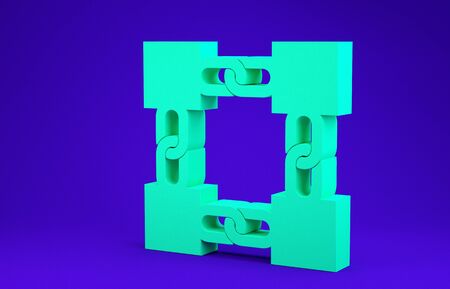 Green Blockchain technology icon isolated on blue background. Cryptocurrency data. Abstract geometric block chain network technology business. Minimalism concept. 3d illustration 3D renderの写真素材