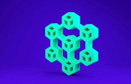 Green Blockchain technology icon isolated on blue background. Cryptocurrency data. Abstract geometric block chain network technology business. Minimalism concept. 3d illustration 3D renderの写真素材