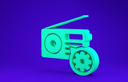 Green Radio with antenna and gear icon isolated on blue background. Adjusting app, service concept, setting options, maintenance, repair, fixing. Minimalism concept. 3d illustration 3D renderの写真素材