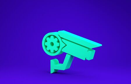 Green Security camera and gear icon isolated on blue background. Adjusting app, service concept, setting options, maintenance, repair, fixing. Minimalism concept. 3d illustration 3D renderの写真素材