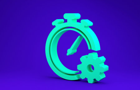 Green Time Management icon isolated on blue background. Clock and gear sign. Productivity symbol....