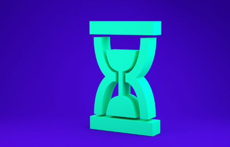 Green Old hourglass with flowing sand icon isolated on blue background. Sand clock sign. Business...