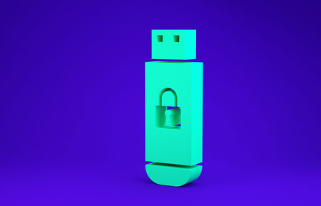 Green USB flash drive with closed padlock icon isolated on blue background. Security, safety, protection concept. Minimalism concept. 3d illustration 3D renderの写真素材