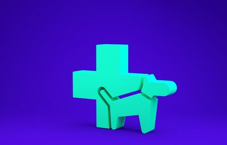 Green Veterinary clinic symbol icon isolated on blue background. Cross with dog veterinary care. Pet First Aid sign. Minimalism concept. 3d illustration 3D renderの写真素材