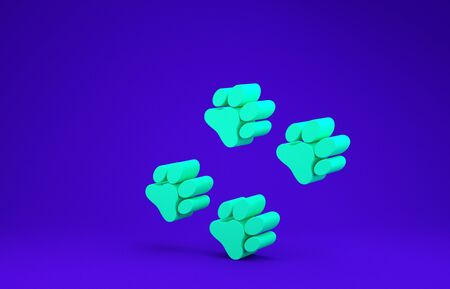 Green Paw print icon isolated on blue background. Dog or cat paw print. Animal track. Minimalism concept. 3d illustration 3D renderの写真素材