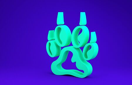 Green Paw print icon isolated on blue background. Dog or cat paw print. Animal track. Minimalism concept. 3d illustration 3D renderの写真素材