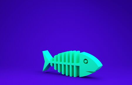 Green Fish skeleton icon isolated on blue background. Fish bone sign. Minimalism concept. 3d illustration 3D renderの写真素材