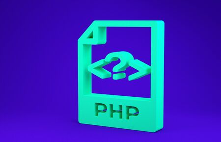 Green PHP file document. Download php button icon isolated on blue background. PHP file symbol. Minimalism concept. 3d illustration 3D renderの写真素材
