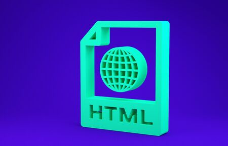 Green HTML file document. Download html button icon isolated on blue background. HTML file symbol. Markup language symbol. Minimalism concept. 3d illustration 3D renderの写真素材
