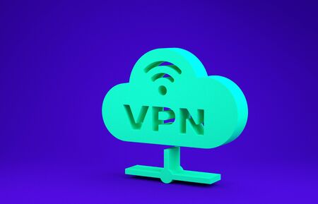 Green VPN Network cloud connection icon isolated on blue background. Social technology. Cloud computing concept. Minimalism concept. 3d illustration 3D renderの写真素材