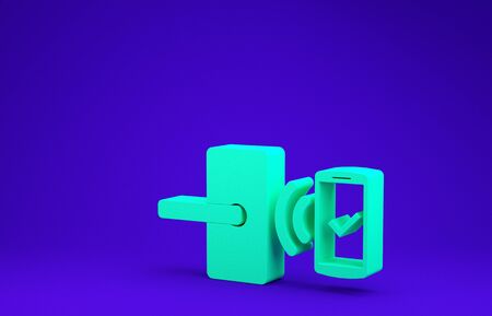 Green Digital door lock with wireless technology for unlock icon isolated on blue background. Door handle sign. Security smart home. Minimalism concept. 3d illustration 3D renderの写真素材