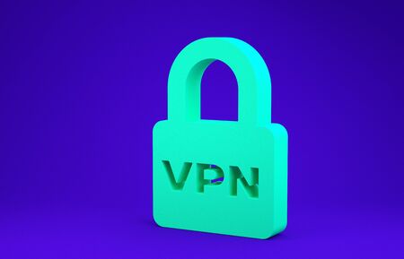Green Lock VPN icon isolated on blue background. Minimalism concept. 3d illustration 3D renderの写真素材
