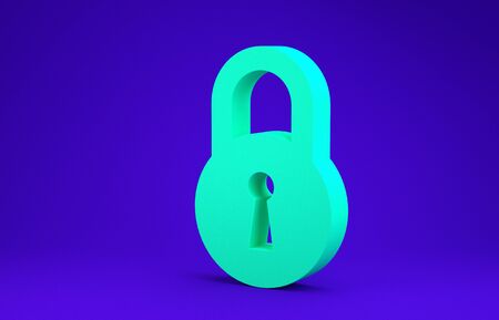 Green Lock icon isolated on blue background. Padlock sign. Security, safety, protection, privacy concept. Minimalism concept. 3d illustration 3D renderの写真素材
