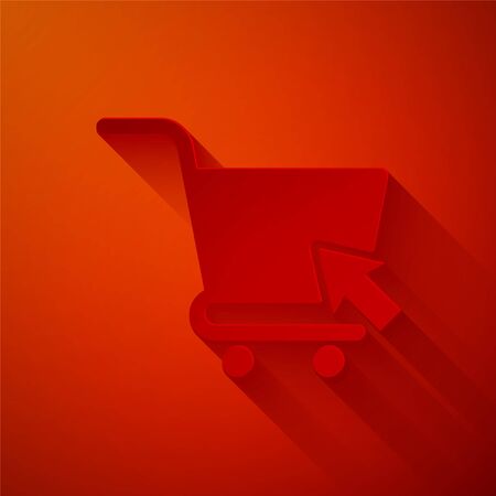 Paper cut Shopping cart with cursor icon isolated on red background. Online buying concept. Delivery service sign. Supermarket basket symbol. Paper art style. Vector Illustrationのイラスト素材