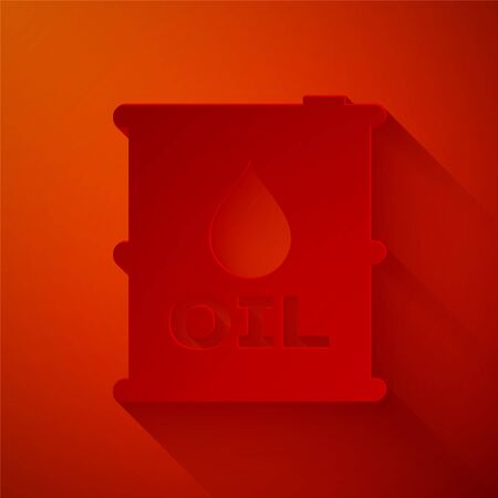 Paper cut Oil barrel icon isolated on red background. Oil drum container. For infographics, fuel, industry, power, ecology. Paper art style. Vector Illustrationのイラスト素材