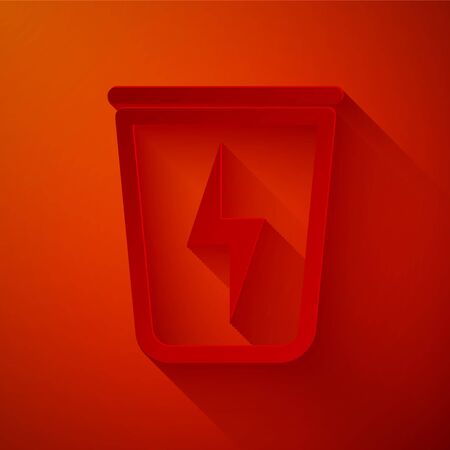 Paper cut Lightning with trash can icon isolated on red background. Waste to energy. Garbage bin sign. Recycle basket sign. Paper art style. Vector Illustrationのイラスト素材