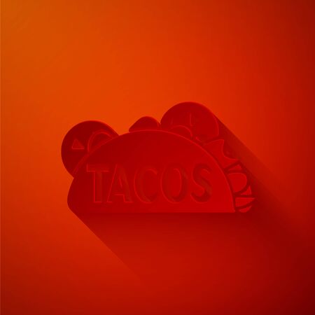 Paper cut Taco with tortilla icon isolated on red background. Traditional mexican fast food. Paper art style. Vector Illustrationのイラスト素材