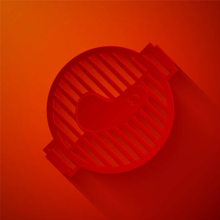 Paper cut Barbecue grill with steak icon isolated on red background. BBQ grill party. Paper art style. Vector Illustrationのイラスト素材