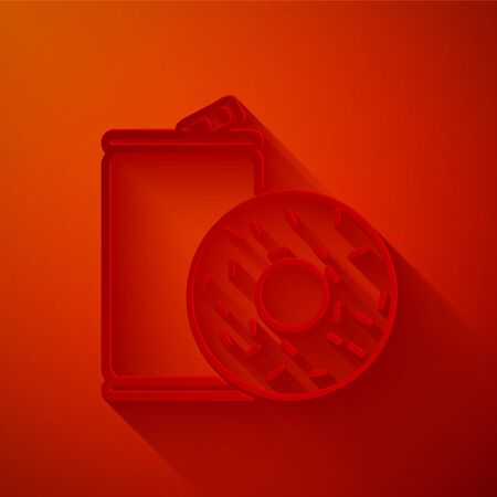 Paper cut Aluminum can soda and donut icon isolated on red background. Fast food symbol. Paper art style. Vector Illustrationのイラスト素材
