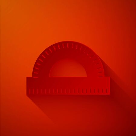 Paper cut Protractor grid for measuring degrees icon isolated on red background. Tilt angle meter. Measuring tool. Geometric symbol. Paper art style. Vector Illustrationのイラスト素材