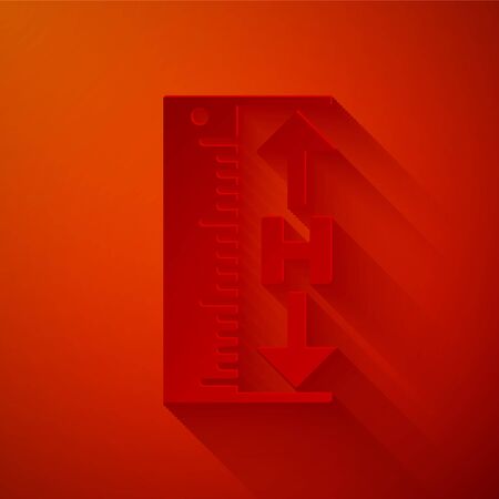 Paper cut The measuring height and length icon isolated on red background. Ruler, straightedge, scale symbol. Paper art style. Vector Illustrationのイラスト素材