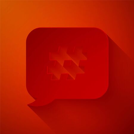 Paper cut Hashtag speech bubble icon isolated on red background. Concept of number sign, social media marketing, micro blogging. Paper art style. Vector Illustrationのイラスト素材