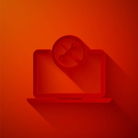 Paper cut Laptop with screwdriver and wrench icon isolated on red background. Adjusting, service, setting, maintenance, repair, fixing. Paper art style. Vector Illustrationのイラスト素材