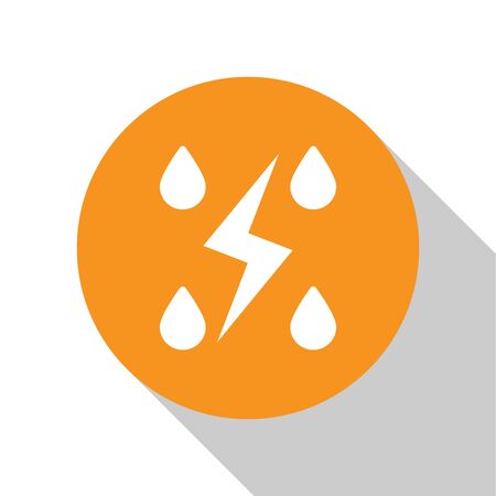 White Storm icon isolated on white background. Drop and lightning sign. Weather icon of storm. Orange circle button. Vector Illustrationのイラスト素材