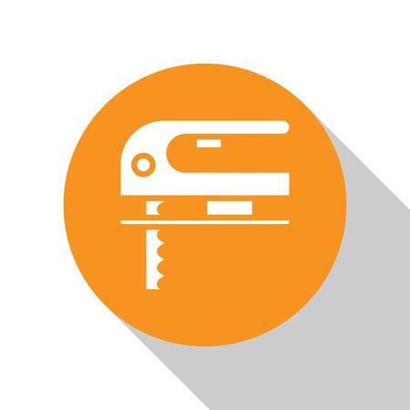 White Electric jigsaw with steel sharp blade icon isolated on white background. Power tool for woodwork. Orange circle button. Vector Illustrationのイラスト素材