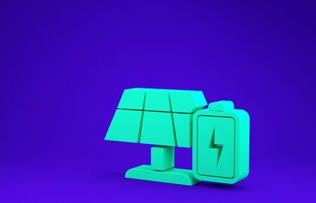 Green Solar energy panel and battery icon isolated on blue background. Minimalism concept. 3d illustration 3D renderの写真素材